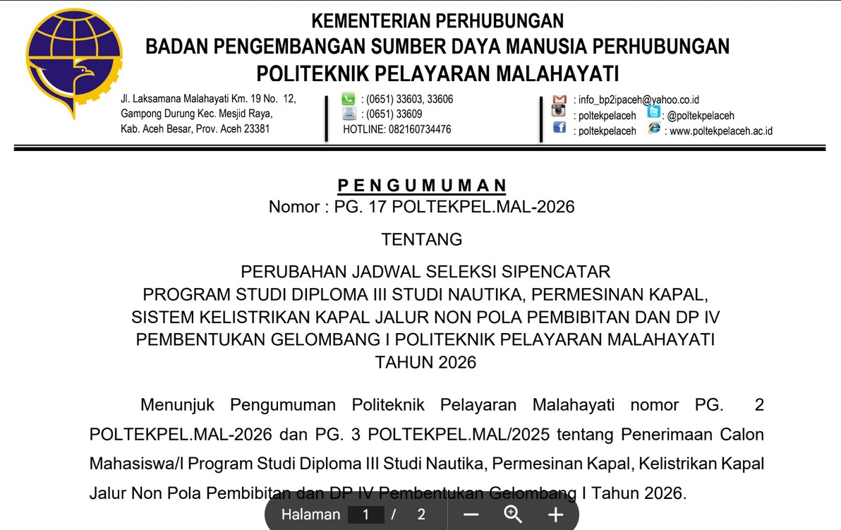 PENGUMUMAN PERUBAHAN JADWAL SELEKSI JALUR NON POLA PEMBIBITAN GELOMBANG I Tahun 2026